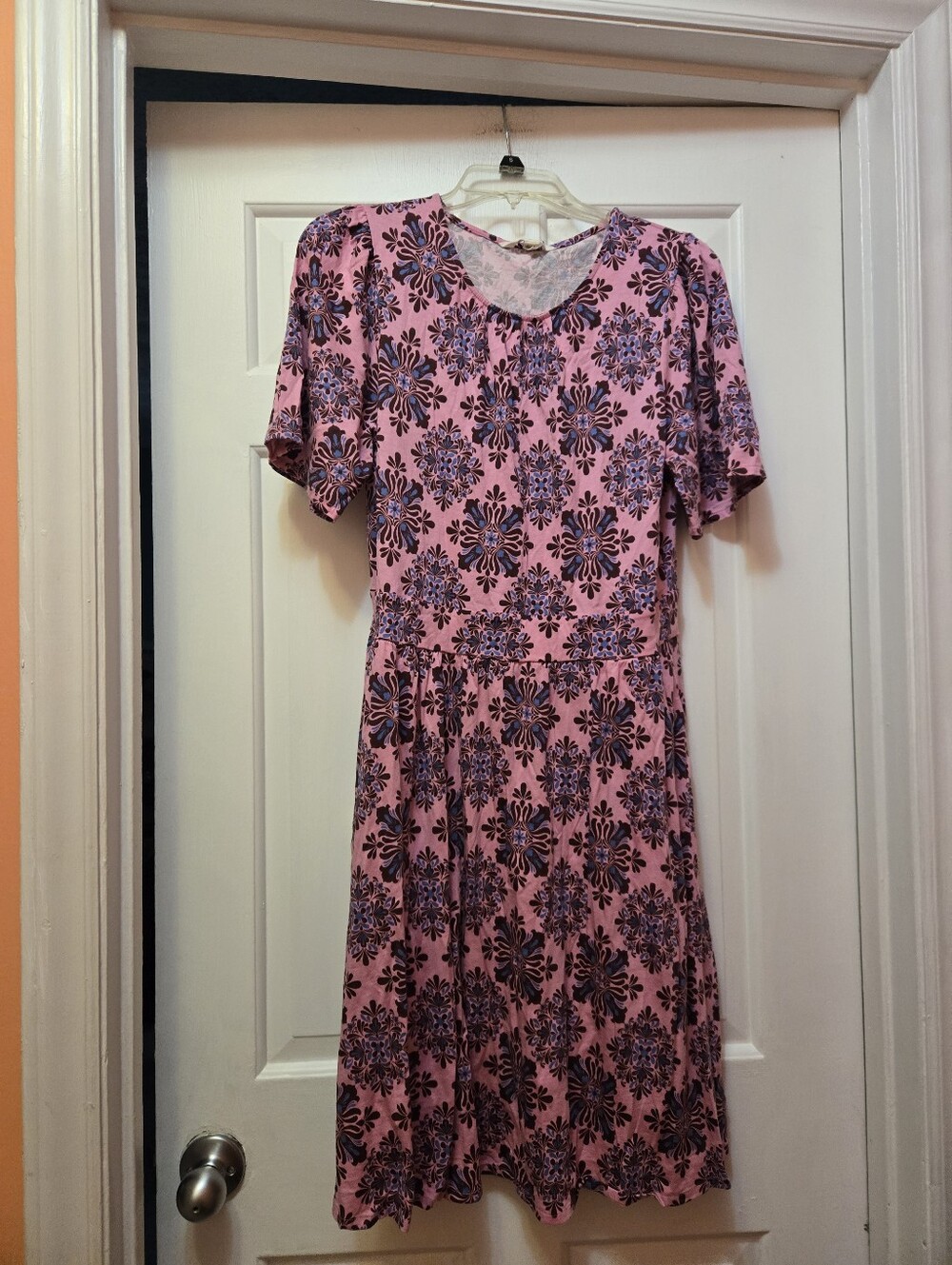 Boden Pink Floral Midi Dress with Navy Floral Motif